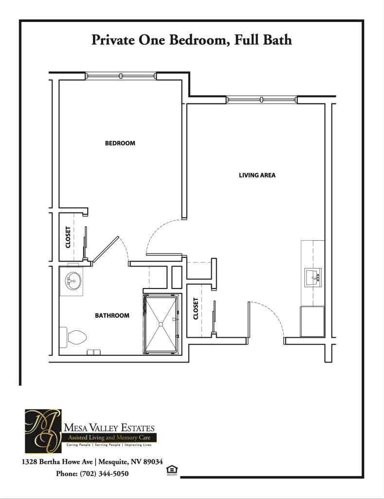 Floor plan of a private one-bedroom apartment featuring a living area, bathroom, and closets, for Mesa Valley Estates in Mesquite, Nevada.