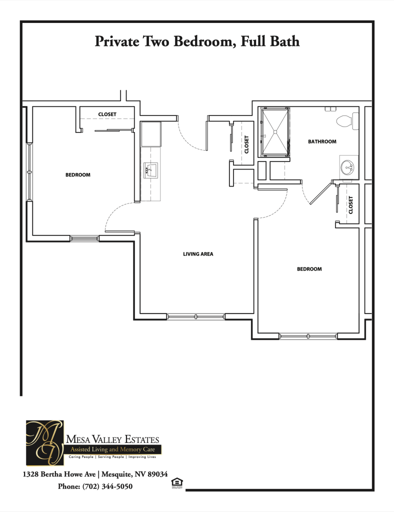 This image shows a two-bedroom, one-bathroom apartment floor plan with closets, a living area, and kitchen. Includes Mesa Valley Estates contact details.