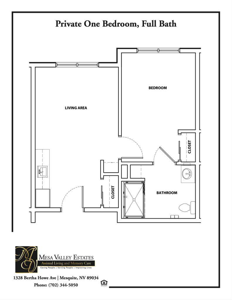 Floor plan of a private one-bedroom apartment featuring a living area, bedroom, bathroom, closets, and kitchen. Includes contact details for Mesa Valley Estates.
