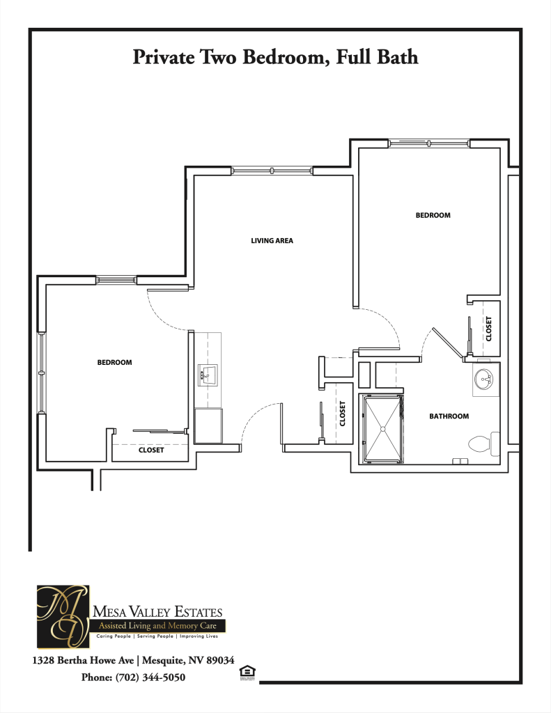 Floor plan of a two-bedroom, one-bath unit with living area. Features closets and kitchen. Includes contact information for Mesa Valley Estates.