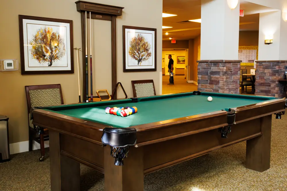 Pool table with green felt in a warm lounge, framed tree-themed art on the walls, and a person visible in the background.