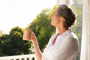 Blog 6 A woman in a white blouse stands on a bright balcony, holding a mug and looking out at the greenery.